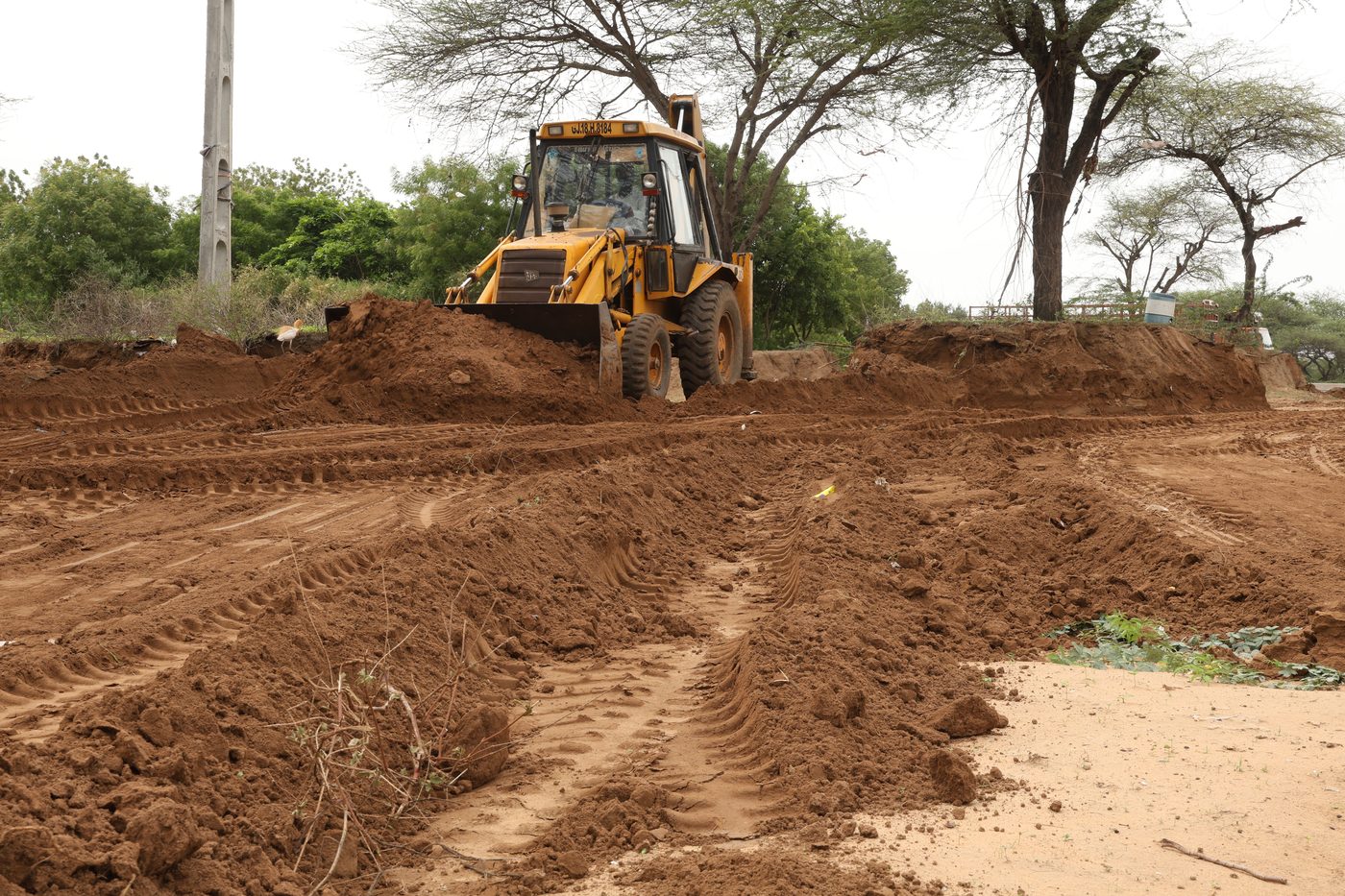 JCB moving and levelling soil across the Jaspur plantation site