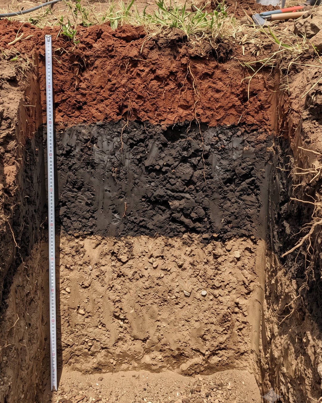 Excavated soil profile at Lapkaman showing the red topsoil, black clay, and sandy lower layers stacked