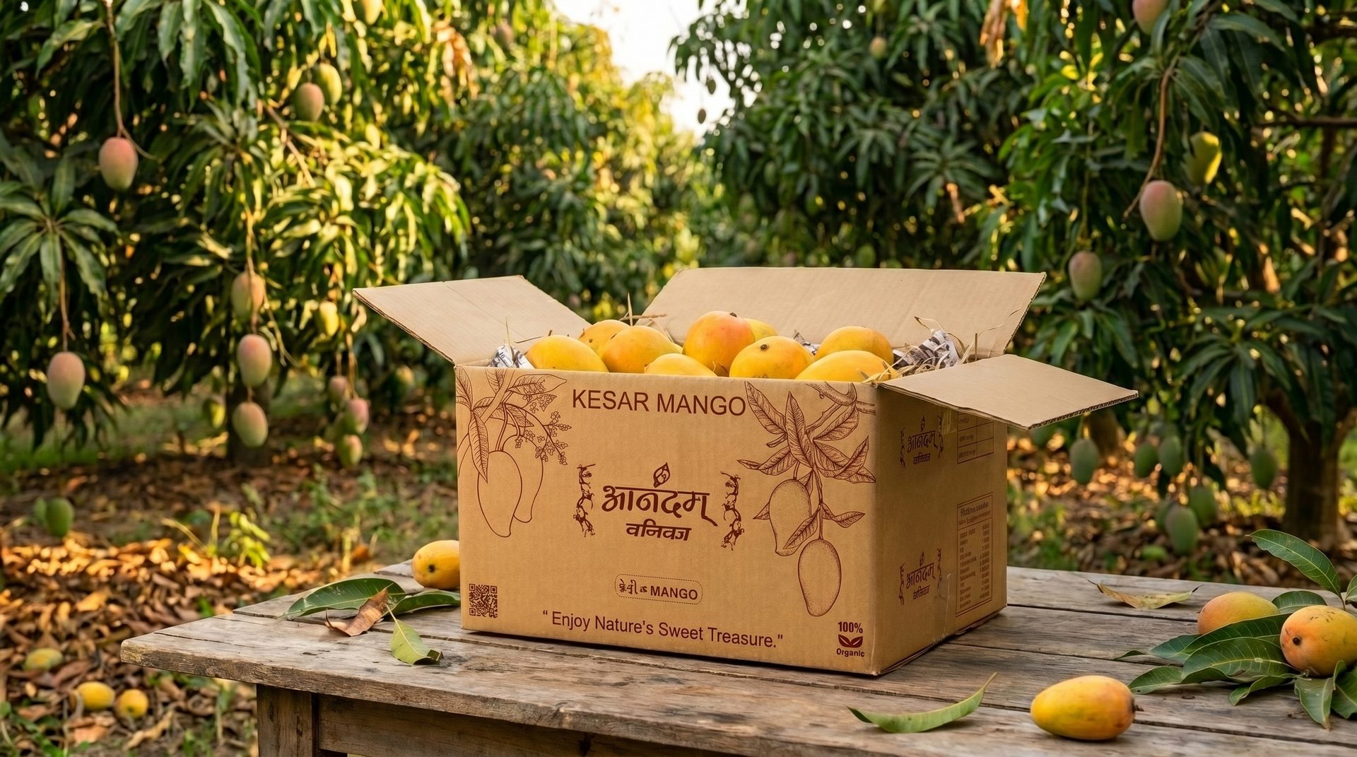 Open box of fresh Kesar mangoes packed inside wood wool